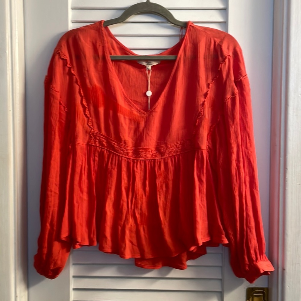 NWT Chelsea & Violet Orange Gauzy Babydoll Shirt Size S.Hi/Lo Hem & Long Sleeves